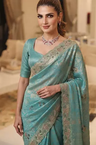 Rama Teal Blue clr Beads work kanjiwaram silk Blend saree