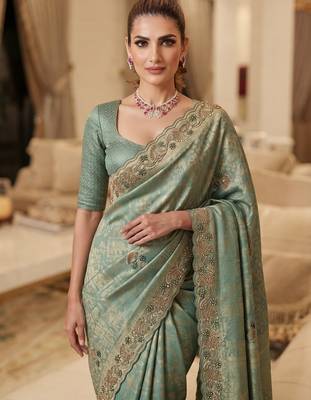 Rama Teal Blue clr Beads work kanjiwaram silk Blend saree 3