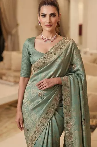 Rama Teal Blue clr Beads work kanjiwaram silk Blend saree