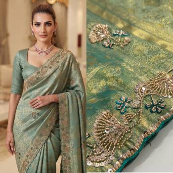 Rama Teal Blue clr Beads work kanjiwaram silk Blend saree 4
