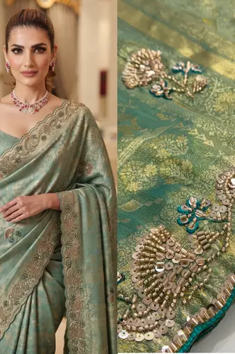 Rama Teal Blue clr Beads work kanjiwaram silk Blend saree