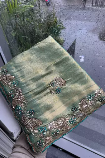Rama Teal Blue clr Beads work kanjiwaram silk Blend saree