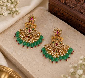 South indian gold plated cz chandbali earrings with green red beads & pearl drops 1