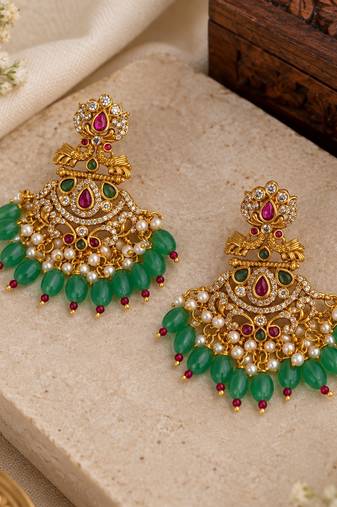 South indian gold plated cz chandbali earrings with green red beads & pearl drops