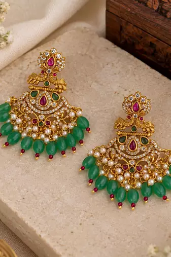 South indian gold plated cz chandbali earrings with green red beads & pearl drops