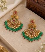South indian gold plated cz chandbali earrings with green red beads & pearl drops