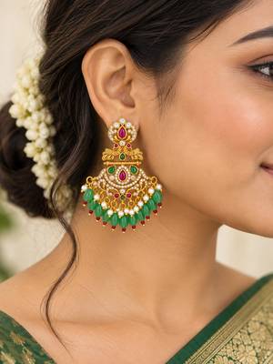 South indian gold plated cz chandbali earrings with green red beads & pearl drops 2