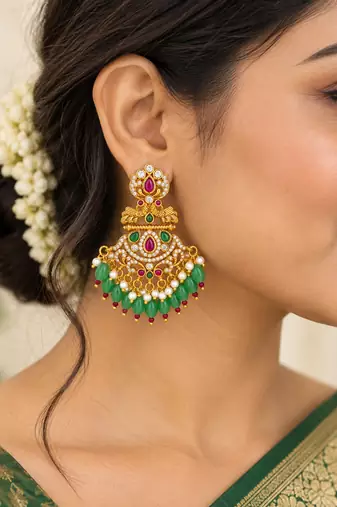South indian gold plated cz chandbali earrings with green red beads & pearl drops