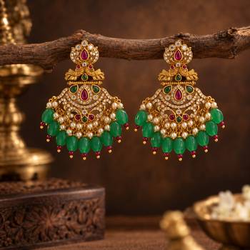 South indian gold plated cz chandbali earrings with green red beads & pearl drops 3