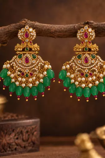 South indian gold plated cz chandbali earrings with green red beads & pearl drops