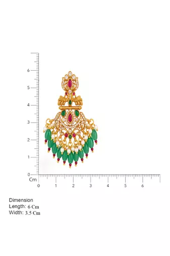South indian gold plated cz chandbali earrings with green red beads & pearl drops