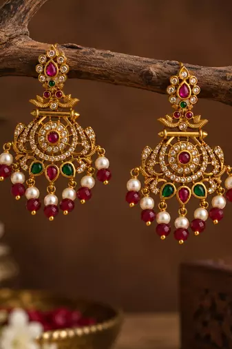 South indian ruby gold chandbali earrings with pearl & red bead drops