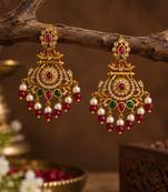 South indian ruby gold chandbali earrings with pearl & red bead drops