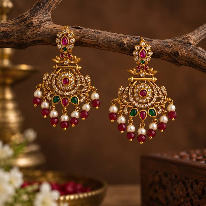 South indian ruby gold chandbali earrings with pearl & red bead drops