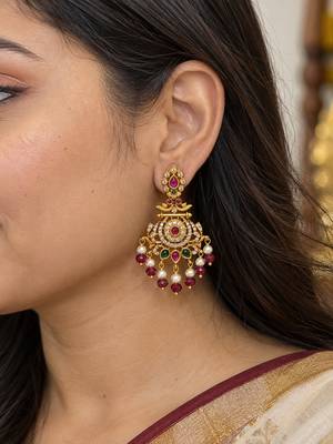 South indian ruby gold chandbali earrings with pearl & red bead drops 2