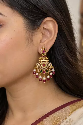 South indian ruby gold chandbali earrings with pearl & red bead drops