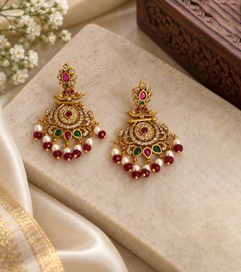 South indian ruby gold chandbali earrings with pearl & red bead drops 3