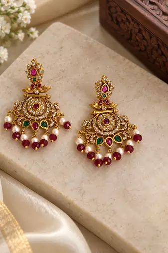 South indian ruby gold chandbali earrings with pearl & red bead drops