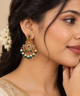 South indian ruby green temple jhumka earrings with pearl  green bead drops 1