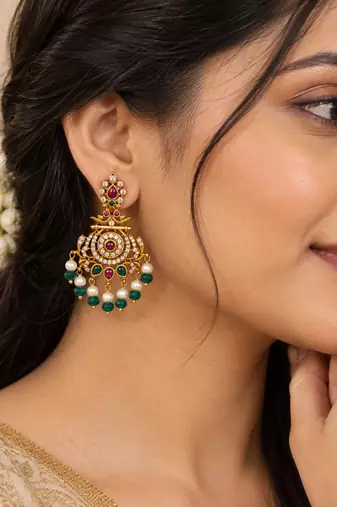 South indian ruby green temple jhumka earrings with pearl  green bead drops