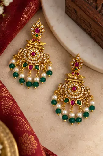 South indian ruby green temple jhumka earrings with pearl  green bead drops