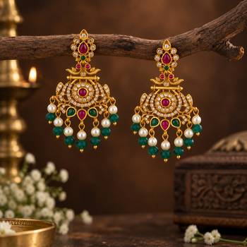 South indian ruby green temple jhumka earrings with pearl  green bead drops 3