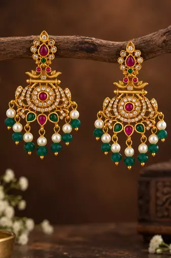 South indian ruby green temple jhumka earrings with pearl  green bead drops