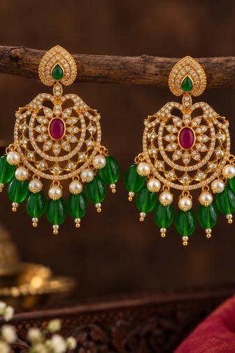 Cz chandbali gold-plated earrings with green beads & pearl drops
