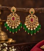 Cz chandbali gold-plated earrings with green beads & pearl drops