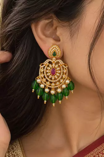 Cz chandbali gold-plated earrings with green beads & pearl drops