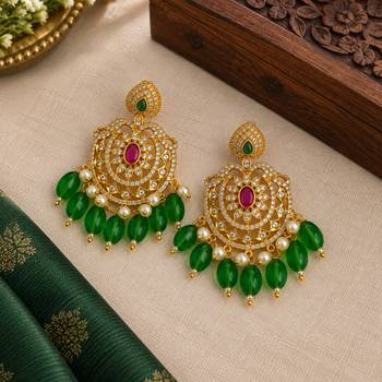 Cz chandbali gold-plated earrings with green beads & pearl drops 3
