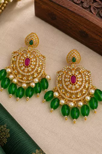 Cz chandbali gold-plated earrings with green beads & pearl drops
