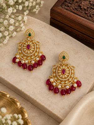 Cz chandbali gold-plated earrings with pink beads & pearl drops 1
