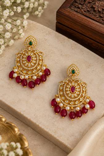 Cz chandbali gold-plated earrings with pink beads & pearl drops