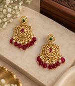 Cz chandbali gold-plated earrings with pink beads & pearl drops