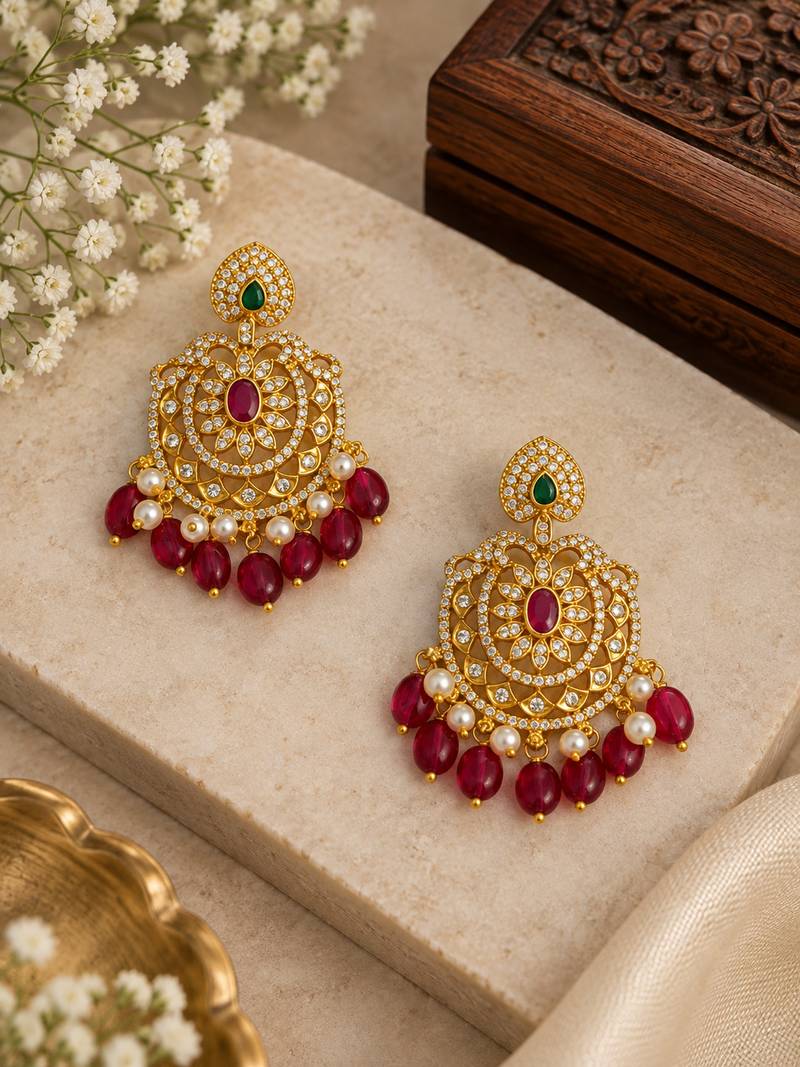 Cz chandbali gold-plated earrings with pink beads & pearl drops