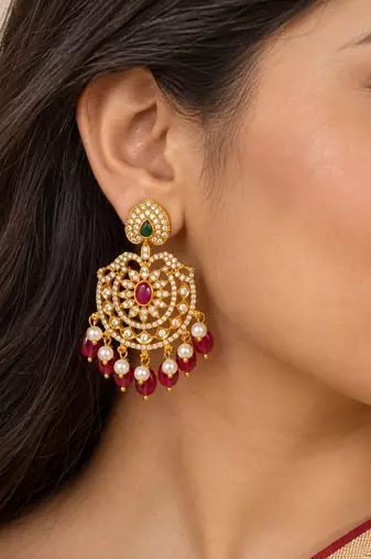 Cz chandbali gold-plated earrings with pink beads & pearl drops