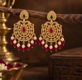Cz chandbali gold-plated earrings with pink beads & pearl drops 3