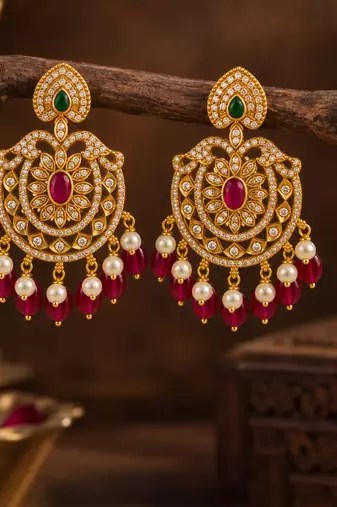 Cz chandbali gold-plated earrings with pink beads & pearl drops
