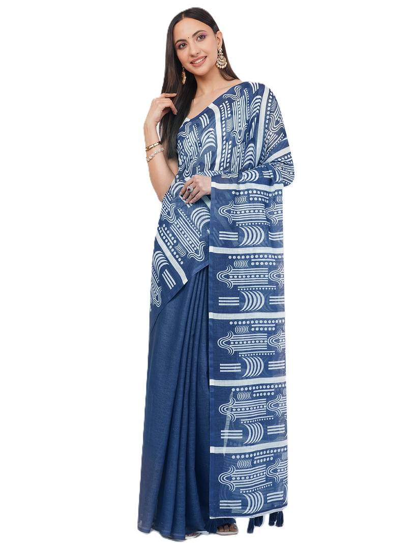 Blue pure linen dyed saree with blouse