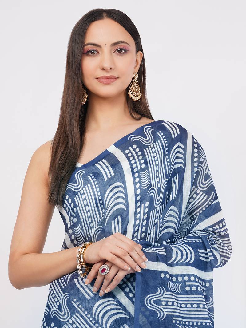 Blue pure linen dyed saree with blouse
