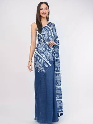 Blue pure linen dyed saree with blouse 3