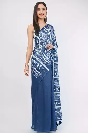 Blue pure linen dyed saree with blouse
