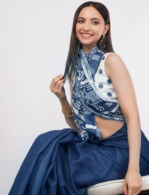 Blue pure linen dyed saree with blouse 7