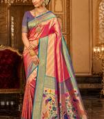 pink kanjivaram silk blend woven work traditional saree