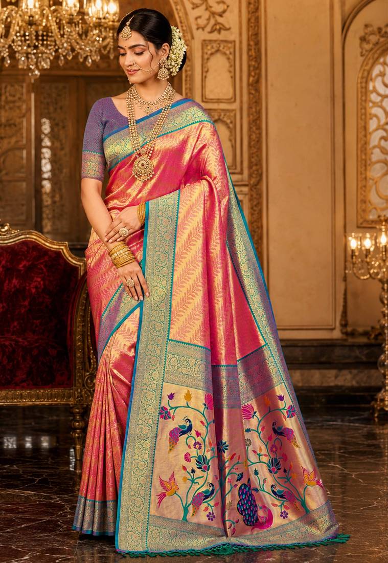 pink kanjivaram silk blend woven work traditional saree