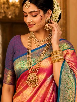 pink kanjivaram silk blend woven work traditional saree 2
