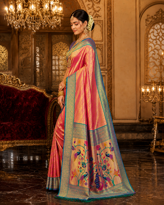 pink kanjivaram silk blend woven work traditional saree 3