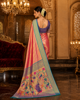 pink kanjivaram silk blend woven work traditional saree 4