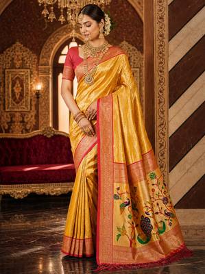 mustard kanjivaram silk blend woven work traditional saree 1